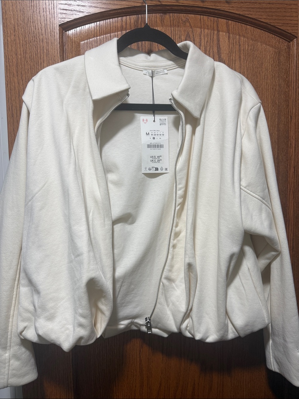 Zara Cream Bomber Jacket with Zip Collar